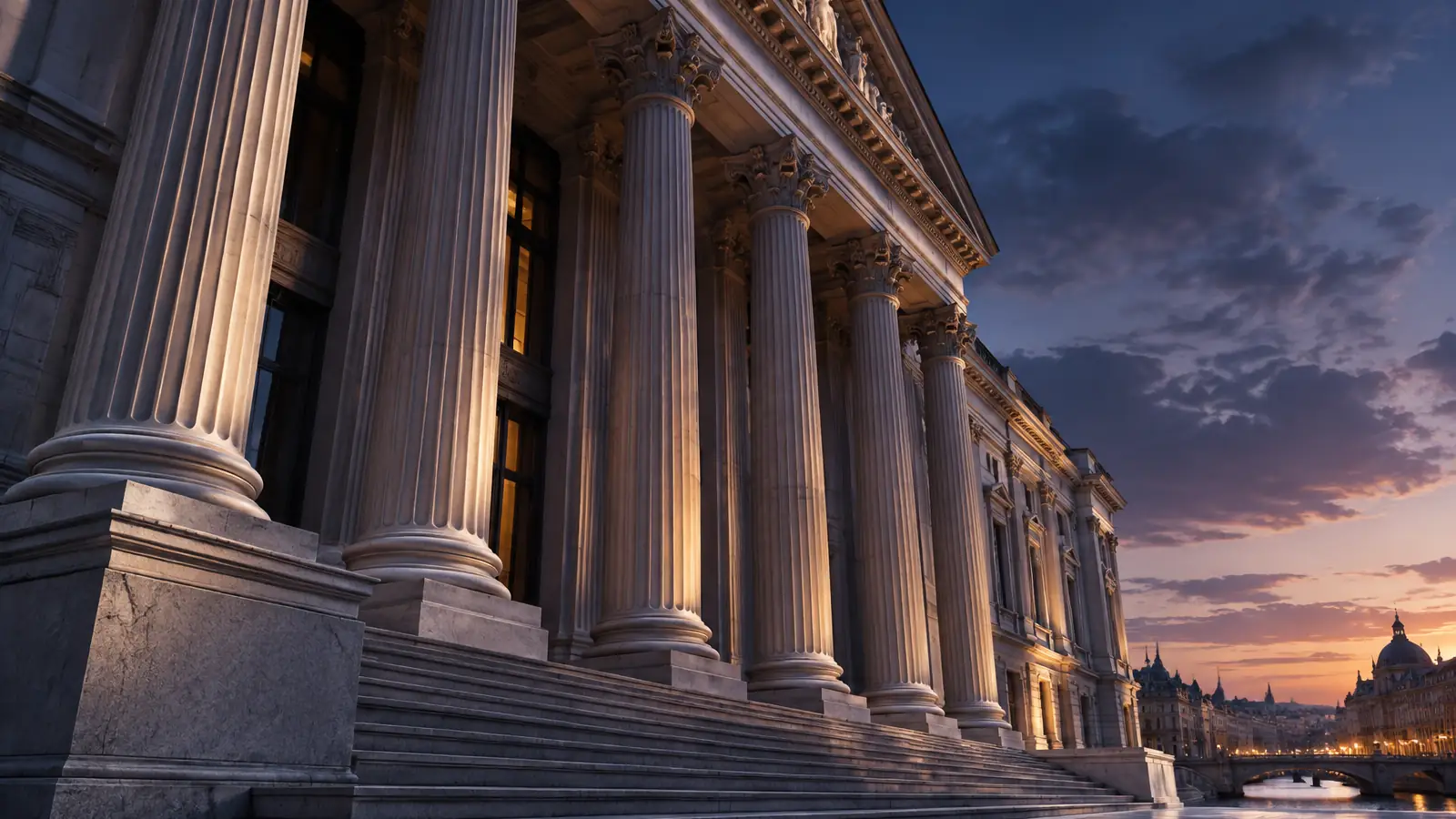 Façade monumentale à colonnes d’une institution financière
