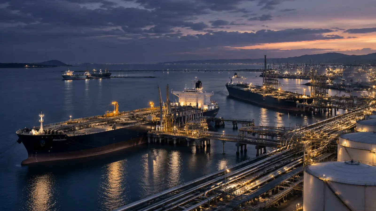 Port pétrolier au crépuscule avec des navires-citernes à quai