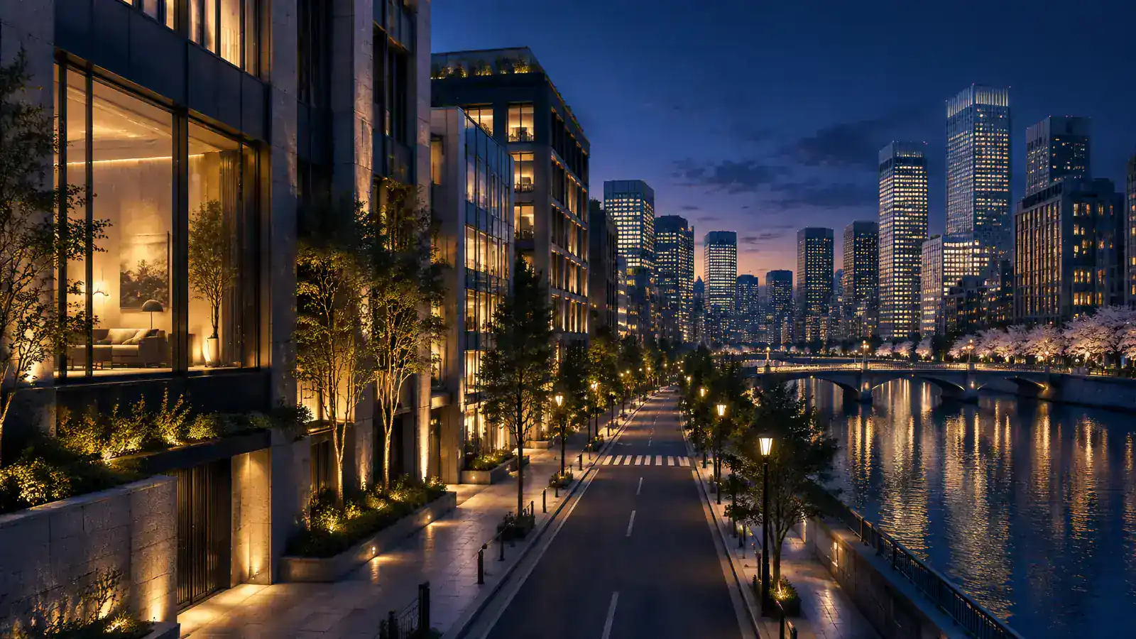 Ville japonaise en soirée, lumières douces sur les façades