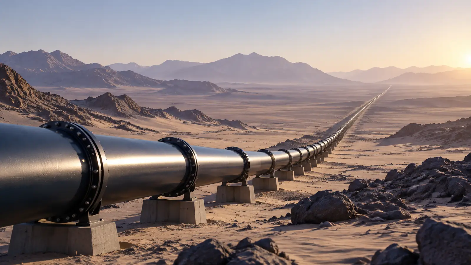 Oléoduc traversant un désert sous un ciel clair