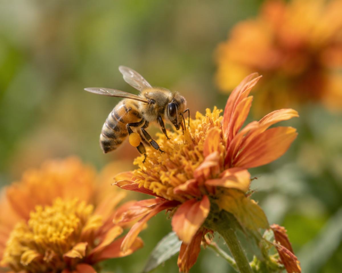 Abeille butinant des fleurs aux tons ocre et orangé